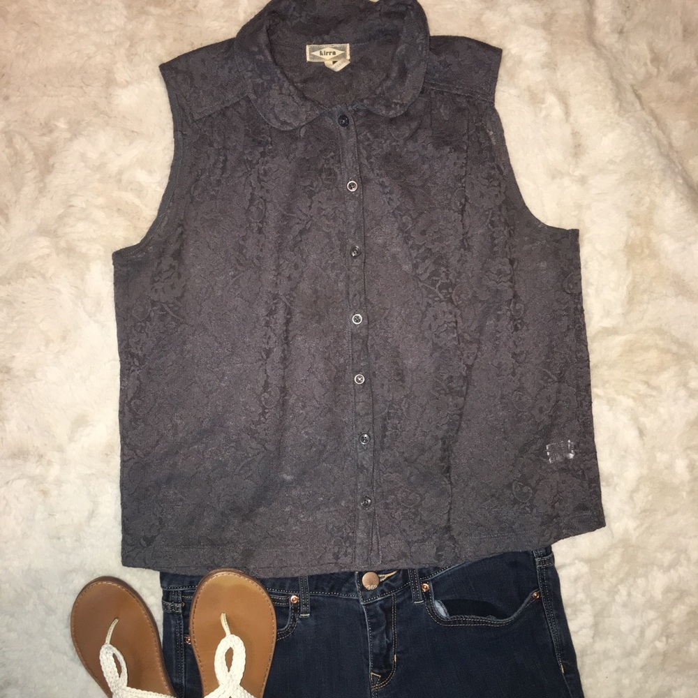 Grey button up collared lace tank top